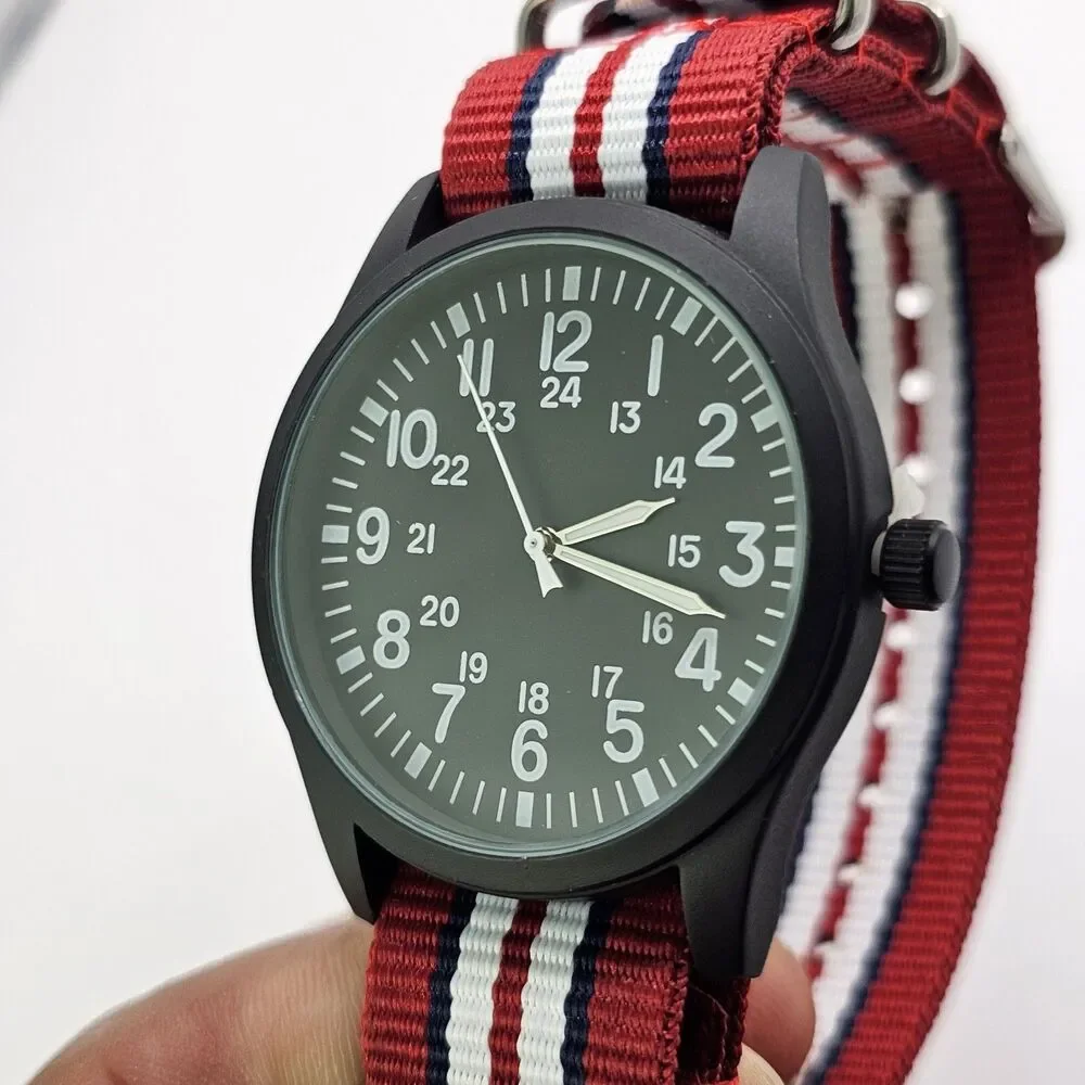 Men's Military Watch 42MM Large Case Black Dial Red Blue White Canvas Band Strap